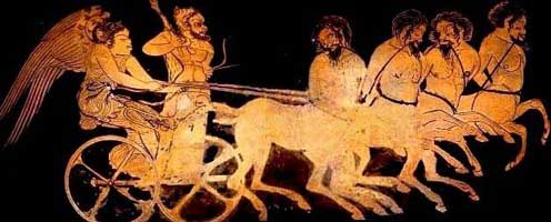 Геракл и Ника едут на колеснице, запряженной четырьмя кентаврами